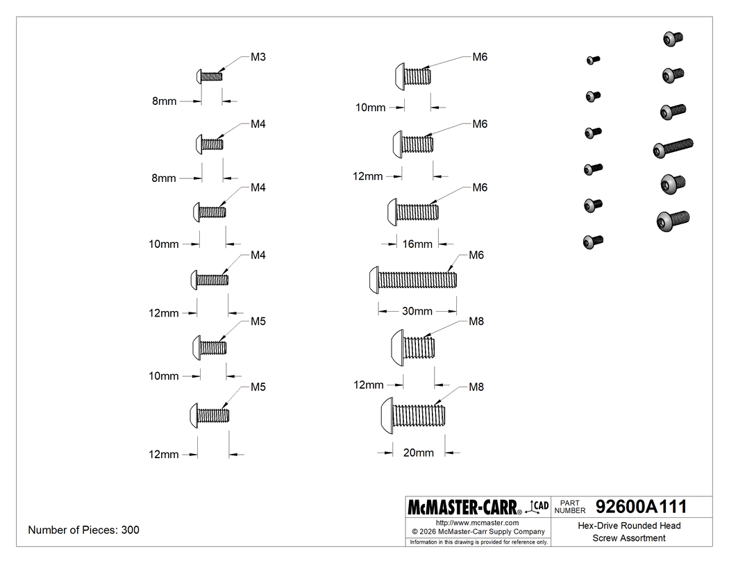 Technical Drawing of Hex-Drive Rounded Head Screw Assortment, Metric Sizes, 300 Pieces, 18-8 Stainless Steel.